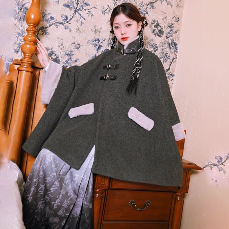 【古怪舍---山海経昆侖シリーズ】★チャイナ風コート★ アウター coat ラシャ ゆったり 厚い 暖かい グレー マントコート