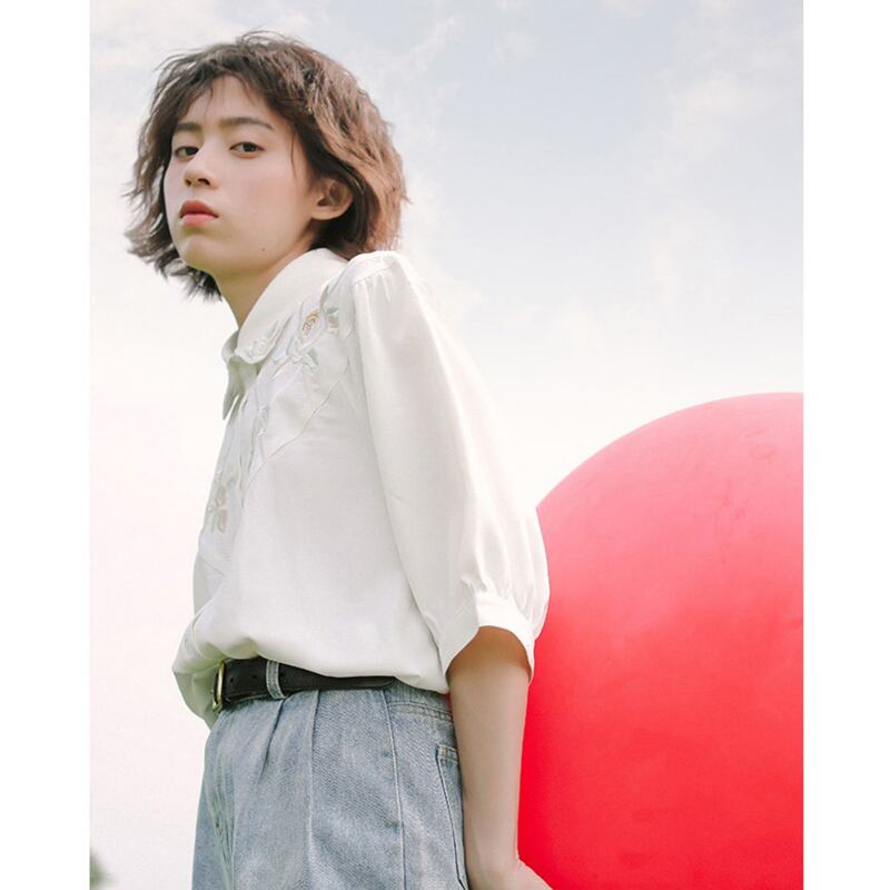 [Yang's Great Dream Series]★China Style Shirt★ Tops Embroidery Bubble Sleeves Short Sleeves White White Improves Temperament