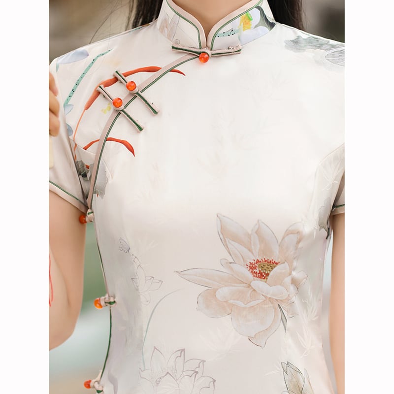 [RUYUN Series]★China Dress★ One Piece Long Length Lotus Lotus Short Sleeve Long Length Large Size