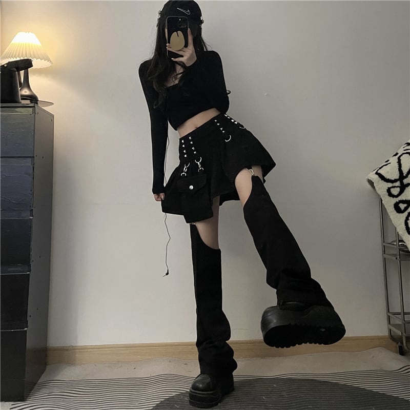 【Styleシリーズ】★スカート+ズボンの筒★ ボトムス 個性的 ブラック 黒い ファッション 着痩せ S M L XL