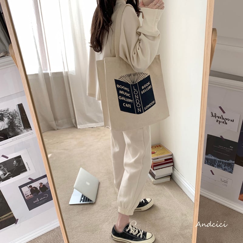 [Andcici Series]★Bag★ Tote bag, canvas, large capacity, date, book, casual, blue, beige, easy to match