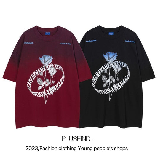 【悟シリーズ】★Tシャツ★ 2color トップス 半袖Tシャツ 男女兼用 メンズ 薔薇 バラ ワインレッド ブラック