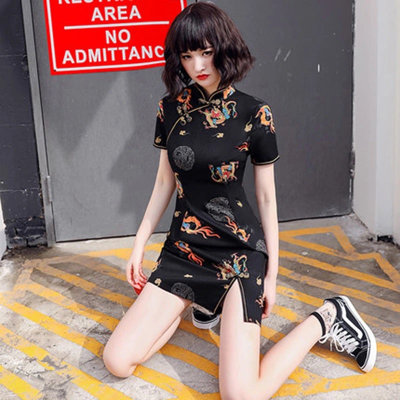 [YIJIA Series] ★Cheongsam dress★ Mini length dress improved version retro sexy black black large size