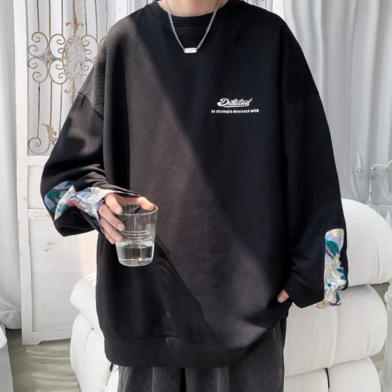 [Emperor series] ★Fleece-lined tops★ 2-color embroidery, cute sleeves, casual, floral pattern, unisex, men's, gray, black, gray, large size