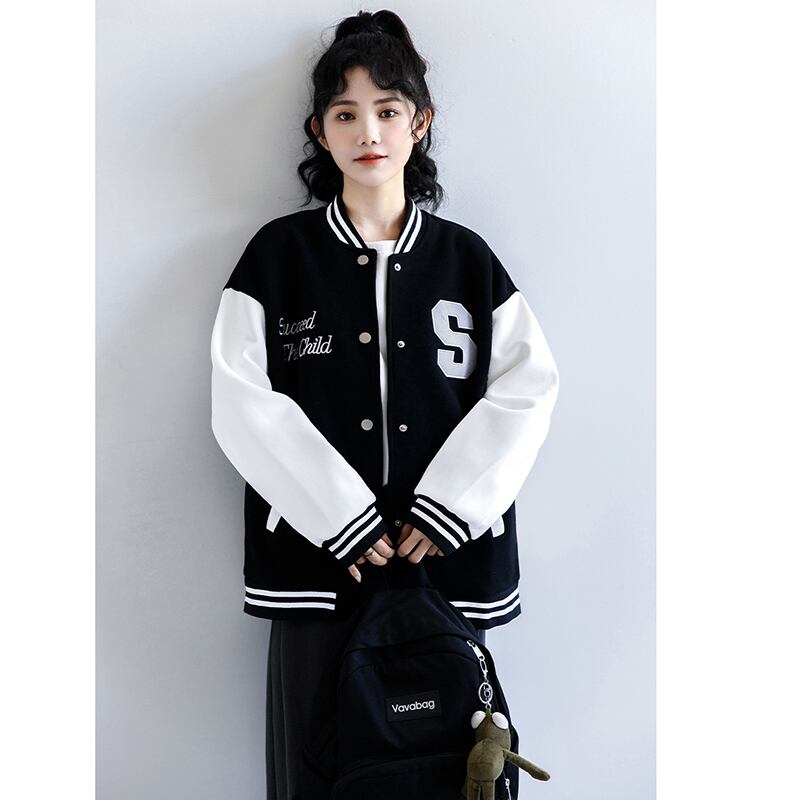 [ZISU0 series] ★Outer★ Stadium jacket fashion ladies black black color scheme alphabet