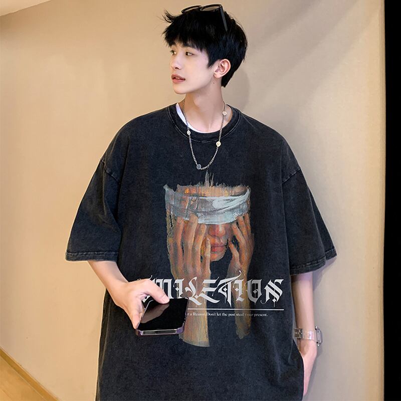 【Lettheheartシリーズ】★レトロ トップス★ Tシャツ 男女兼用 メンズ 大きいサイズ 黒灰色 かっこいい