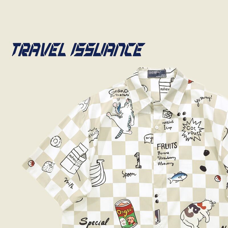 [TRAVEL ISSUANCE Series]★Shirt★ 2color Animal Pattern Cat Cat Cat Pattern Print Unisex Men's Plaid Pattern