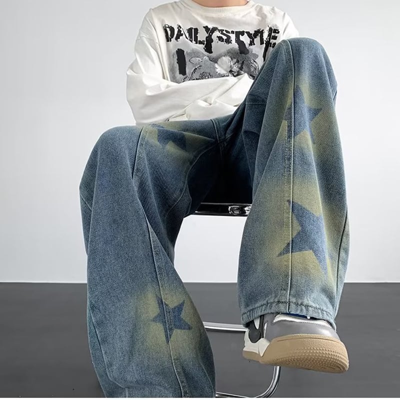 [V37 Series]★Denim Pants★ Pants Bottoms Unisex Men's Star Pattern Blue Blue SML XL 2XL 3XL