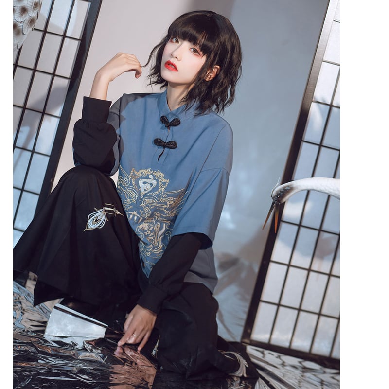 [Kyodo Series] ★China style tops★ Embroidered unisex costume couple clothes men's blue black large size