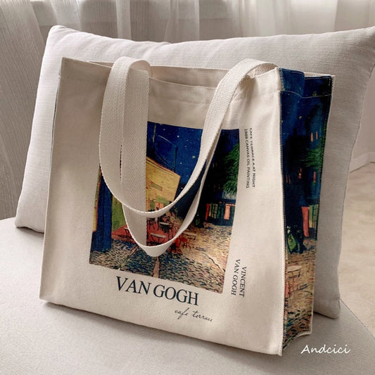 [Andcici Series]★Bag★ Tote bag, canvas bag, large capacity, date, floral pattern, oil painting style, blue, design, cute