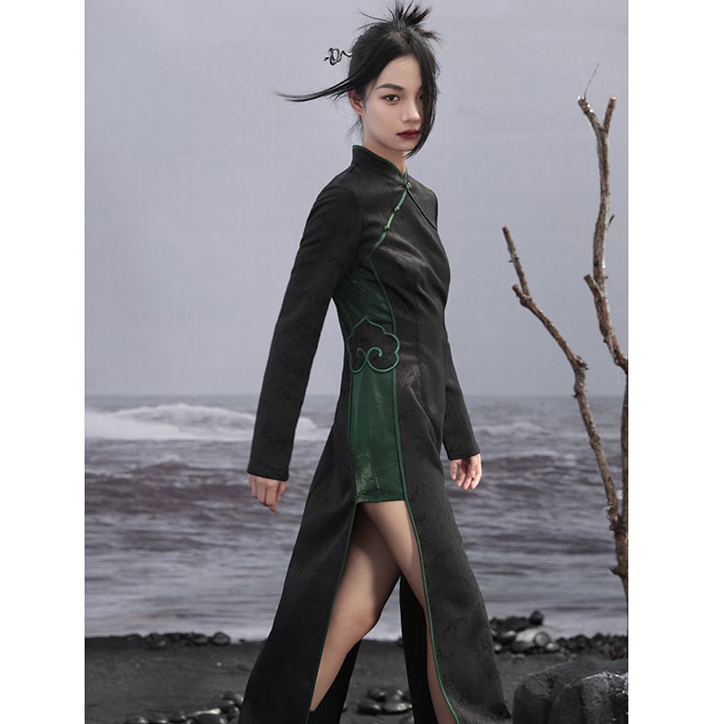 [Da Qinglong Shu Series]★Chinese style dress★ Improved Chinese dress, long sleeves, switching, long length, original, improves temperament, Chinese clothes, black