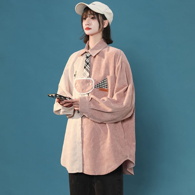 [GEBOXUAN Series]★Shirt with tie★ 2color tops unisex men's color scheme brown pink