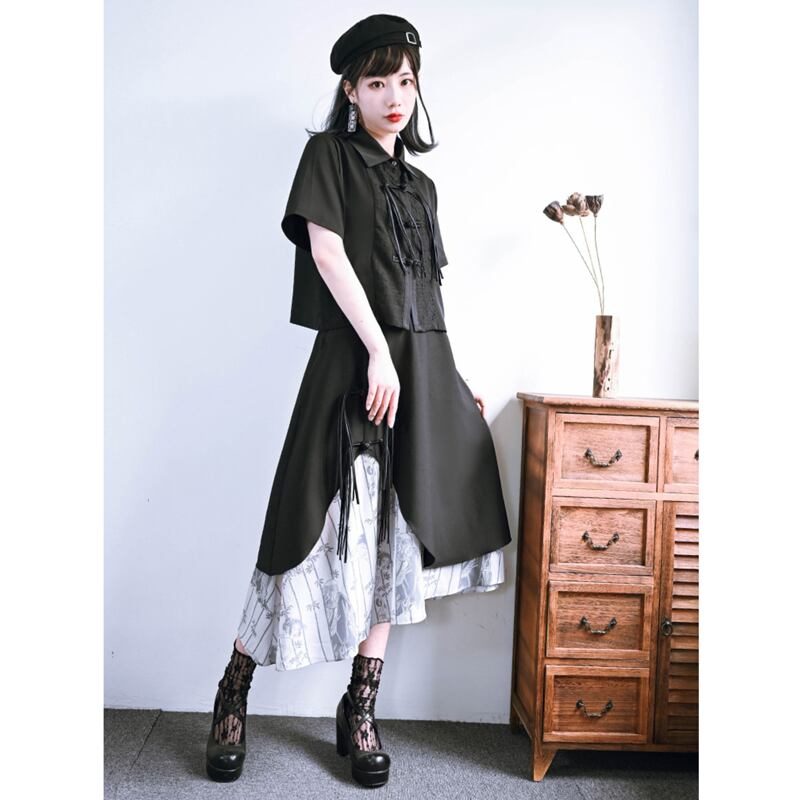 [Kokaisha---Bamboo Series] ★Chinese style skirt★ Fringe Chinese clothing Original Color scheme Irregular Black Black