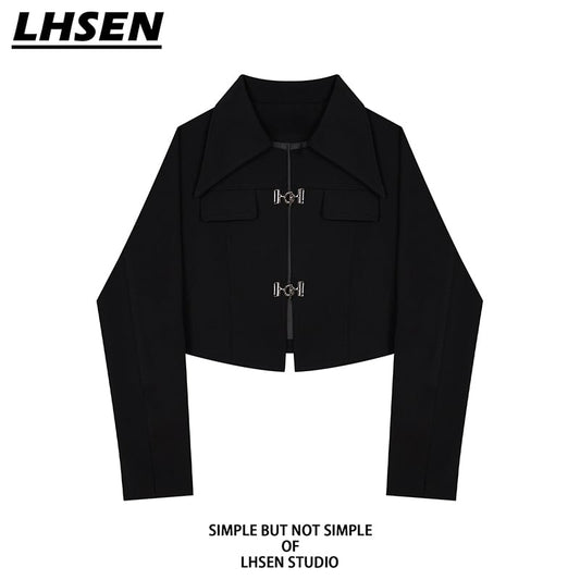 [LHSEN Series] ★Mini length tops★ Outer jacket short length slimming black black SML