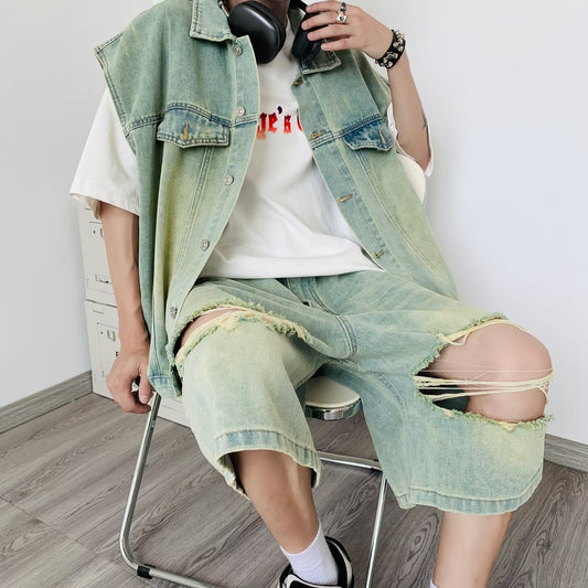 [Leonbinno Series]★Setup★ 2color 2-piece set Unisex Men's denim shirt + denim pants