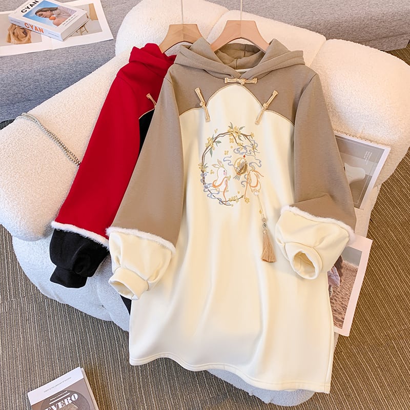 [Silk Series] ★Chinese style hoodie★ Fleece lining 2color hoodie dress Chinese clothing embroidery large size