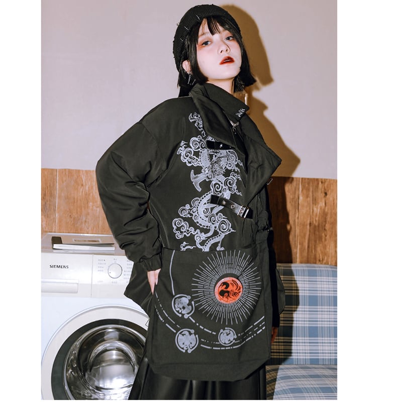 [Ancient monster house---Sankairyoryu series] ★China style coat★ Cotton coat Dragon Dragon crest winter coat Black Black