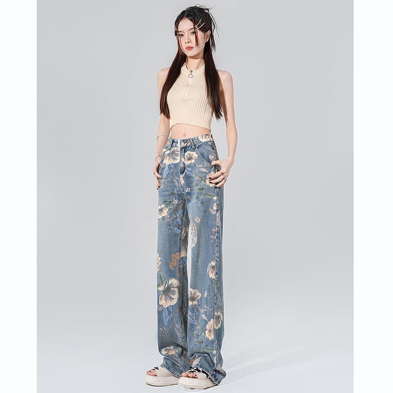 [XURU series] ★Denim pants★ Bottoms Trousers Floral pattern slimming ladies Blue Blue XS S M L XL