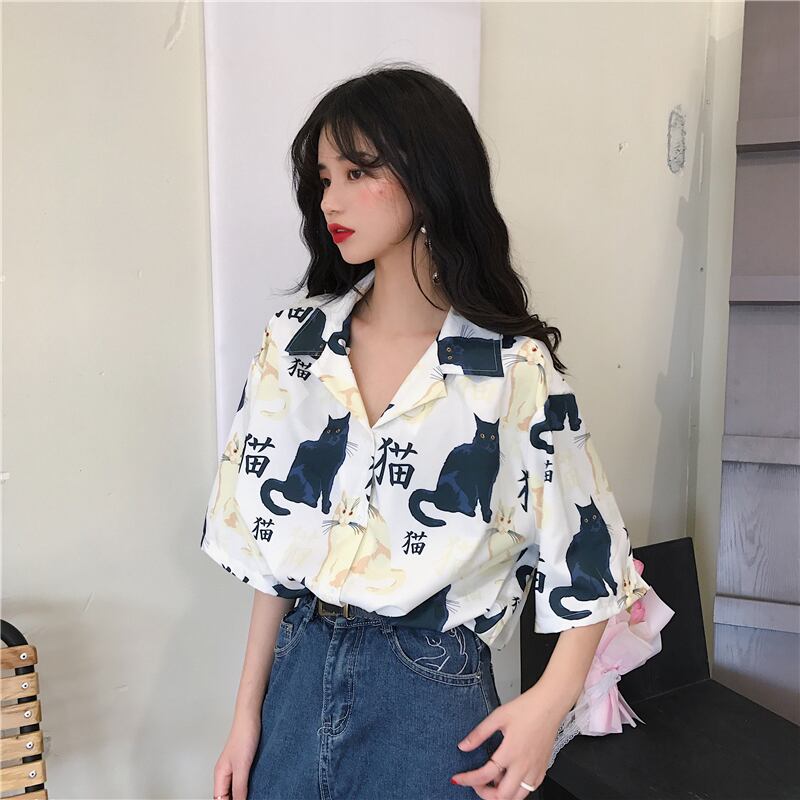 [PUTONG series]★China style shirt★ Tops 2color black white cat pattern loose cute SML XL