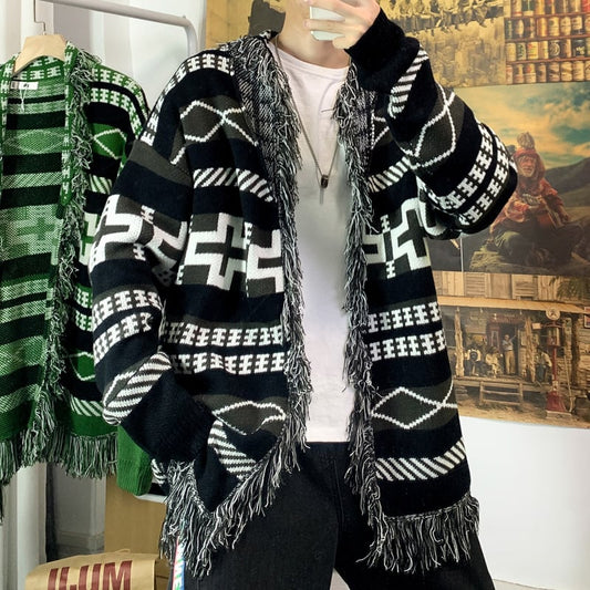 [Gaeteisho Series] ★Cardigan★ 2color Black or Green Sweater Print Unique Fringe Unisex Large Size