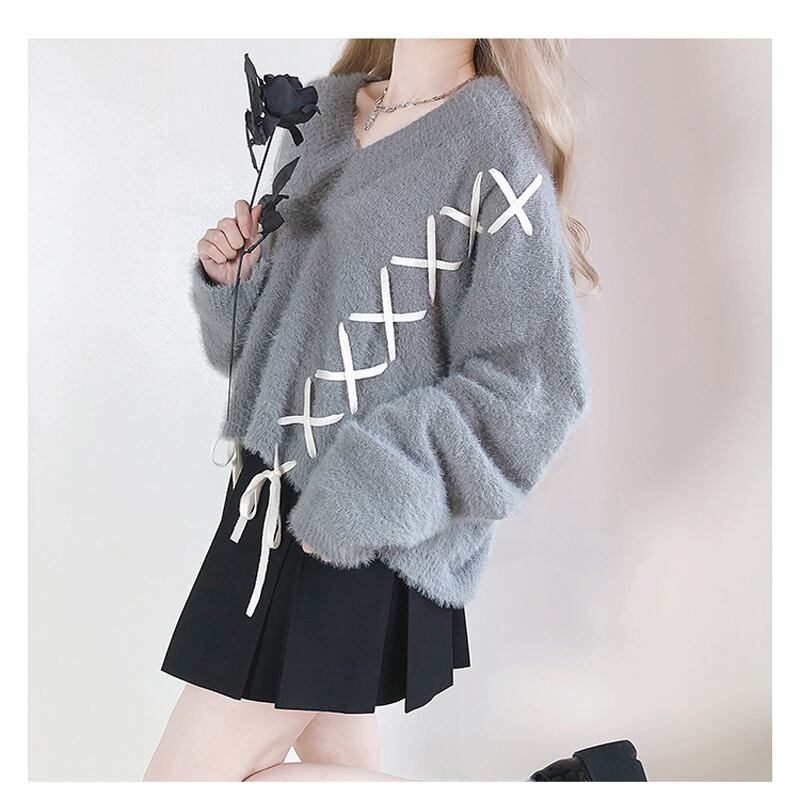 [Nekogan Series]★Sweater★ 2color Black or Gray Tops V-neck Fluffy Loose Black Date Cute