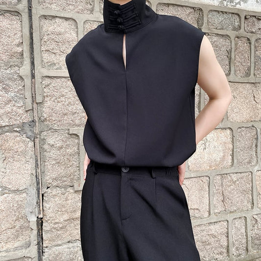 [Illustrated series] ★China style tops★ Sleeveless thin summer clothes unisex men's retro ML XL black black