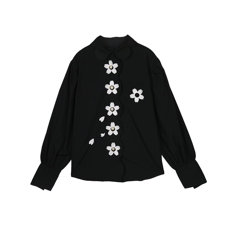 [Yangji Great Dream Series]★Shirt★ Tops Embroidery Original Retro Temperament Enhancement Long Sleeve Shirt Black Black