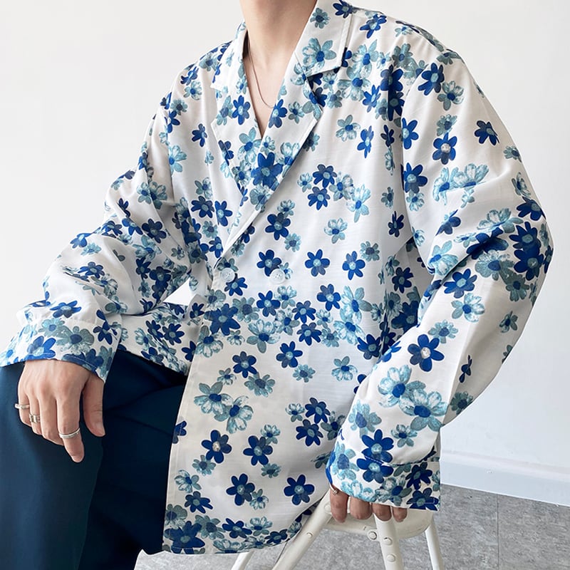 [Illustrated series]★Shirt★ Tops Unisex Men's Floral pattern V neck Ink pattern print Blue Blue Spring clothes ML XL