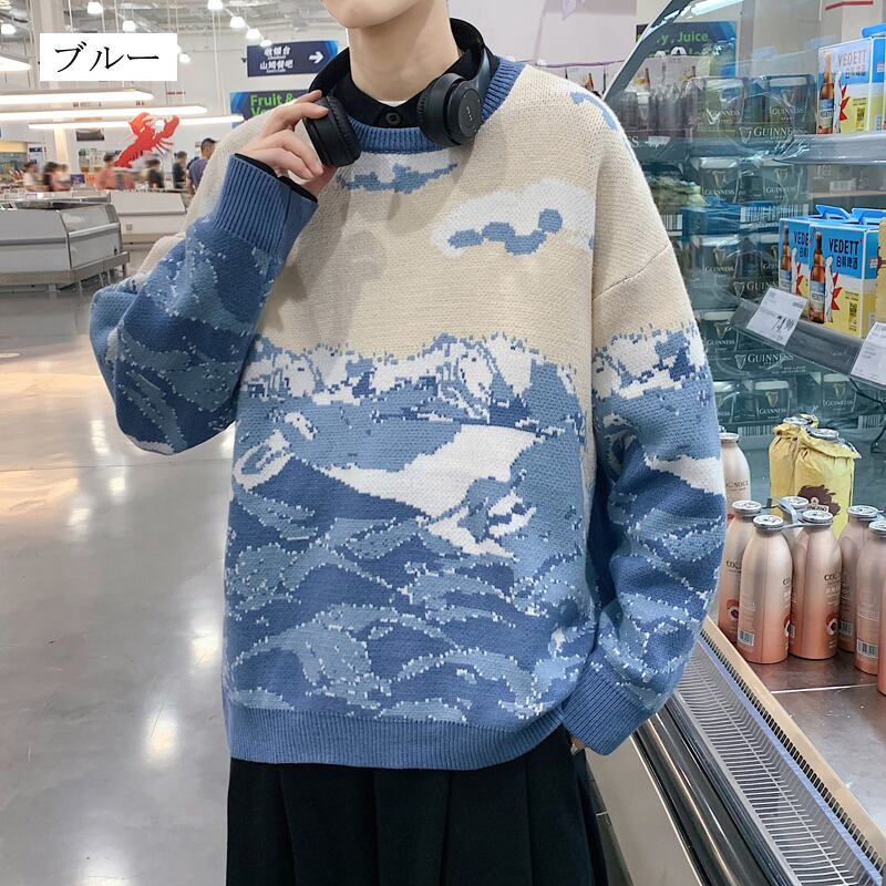 [Creation Series]★Sweater★ 2color Tops Unisex Men's Snow Mountain Blue Blue ML XL 2XL Round Neck