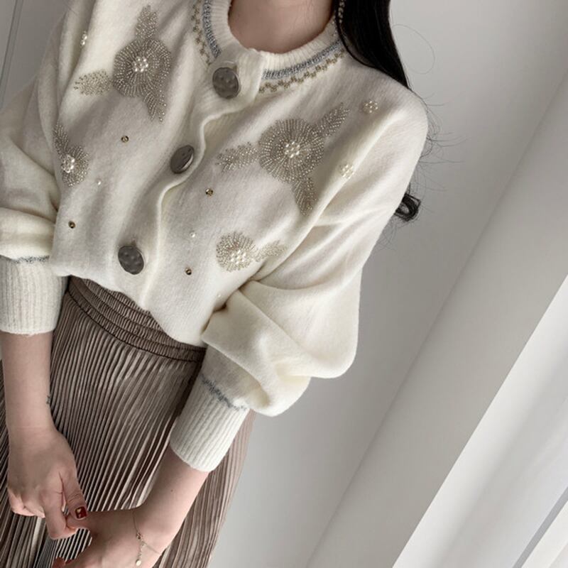 [LIANGLIANG Series]★Sweater★ 2color Cardigan Floral Pattern Women's Stylish Black White