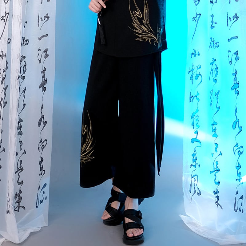 [Kuraho Koya Series] ★China style pants★ Embroidery 2color Gold or Silver Gaucho Pants Gaucho Black Black