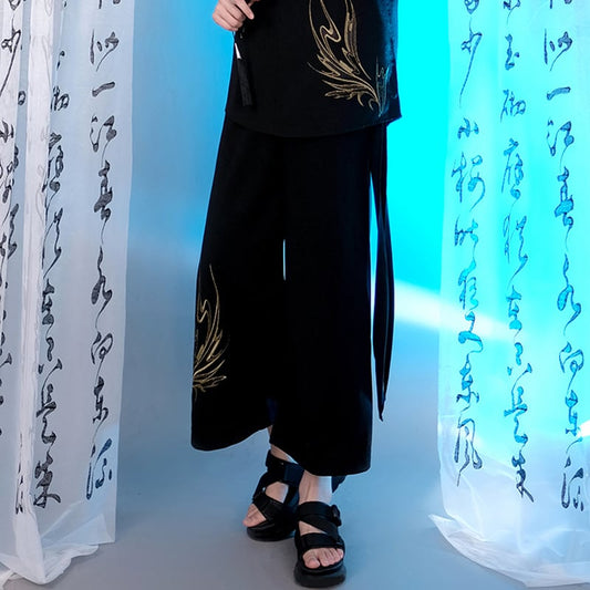 [Kuraho Koya Series] ★China style pants★ Embroidery 2color Gold or Silver Gaucho Pants Gaucho Black Black