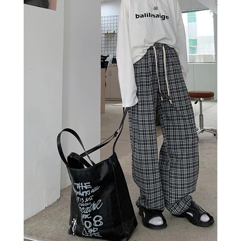 [Kumikumi Series] ★Casual Pants★ 2color Bottoms Trousers Casual Plaid Pattern Black Coffee Color Elastic Waist