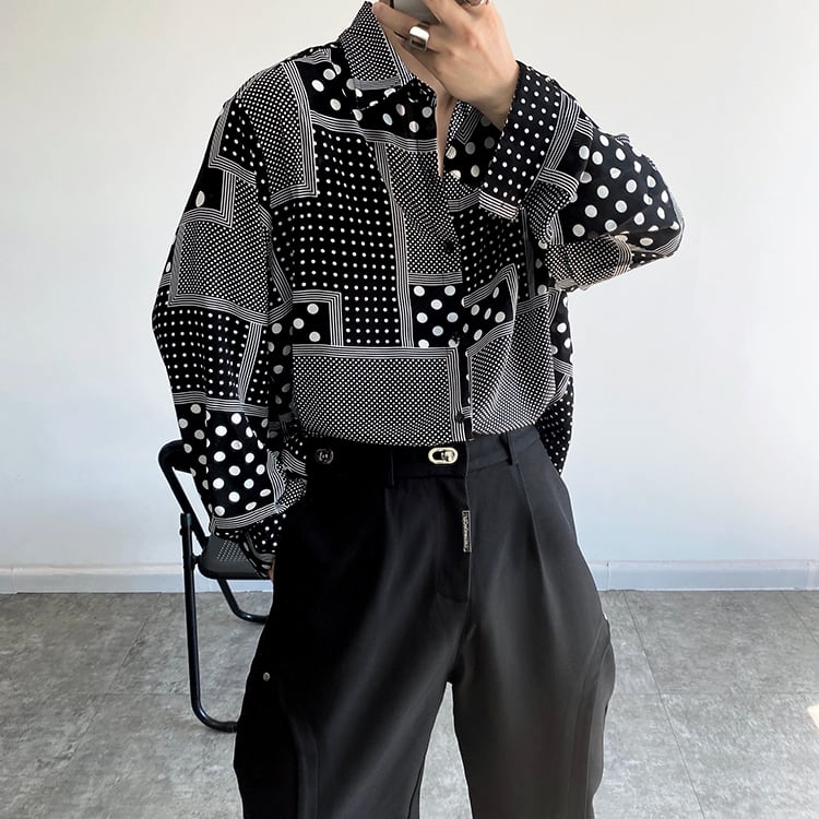 [ZHUIYI Series]★Shirt★ Tops, long sleeve shirt, plaid pattern, dot pattern, unisex, men's, thin, cool, black, black