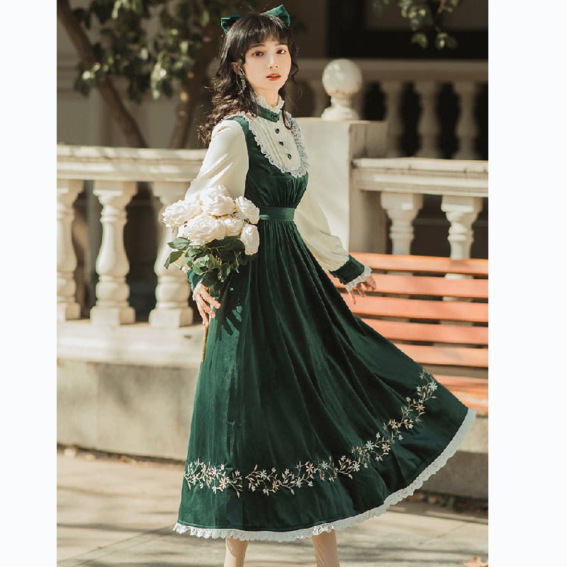 [Nan Kemu Series] ★One Piece★ Long Length Velvet Embroidery Women's Commuting Date Green Green SML XL