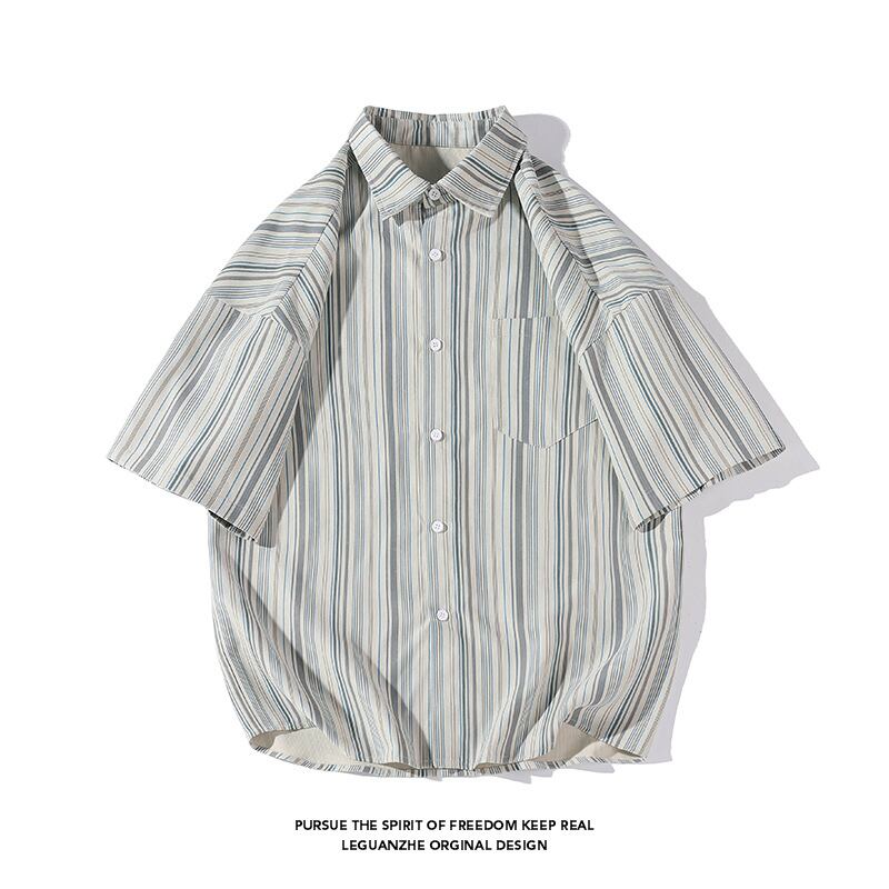 [BIGEMAN Series] ★Short sleeve shirt★ Tops 2color Unisex Men's Large size Summer clothes Vertical stripes Striped pattern