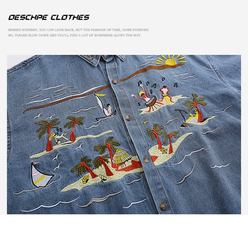 [DESCHPE Series]★Denim shirt★ Tops, short sleeve shirt, unisex, men's, embroidery, casual, unique, blue, summer clothes