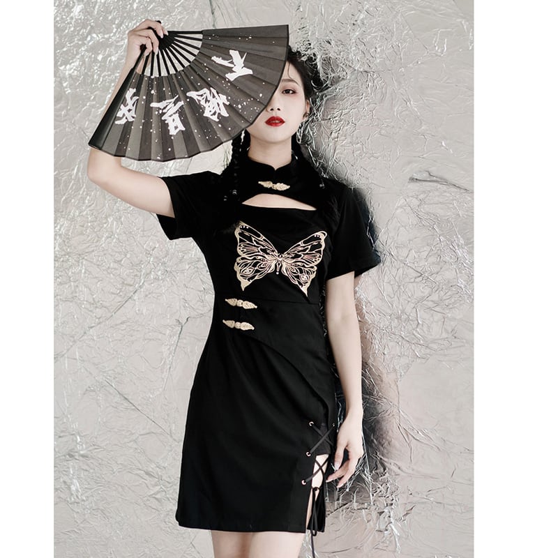 [Kyoto Series]★China-style dress★ Embroidery Improved Chinese dress Butterfly Black Black Slimming