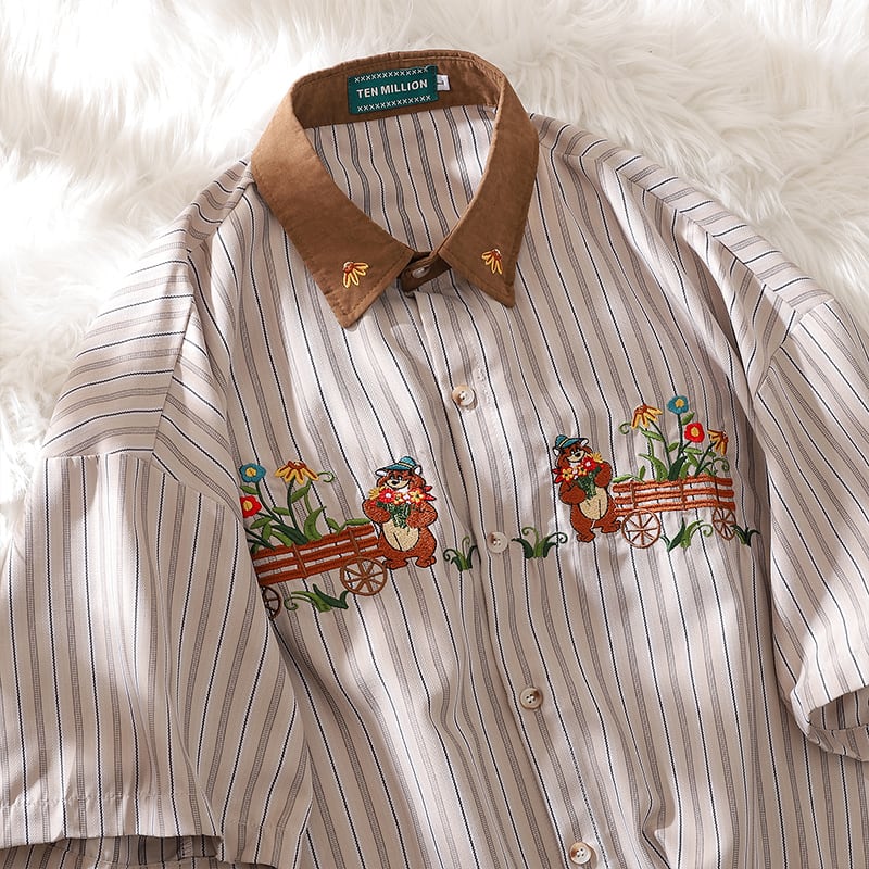 [Escaped Earth Series]★Shirt★ Tops Unisex Men's Embroidery Vertical Stripes Striped Pattern Color Scheme Bear Flower Retro Casual