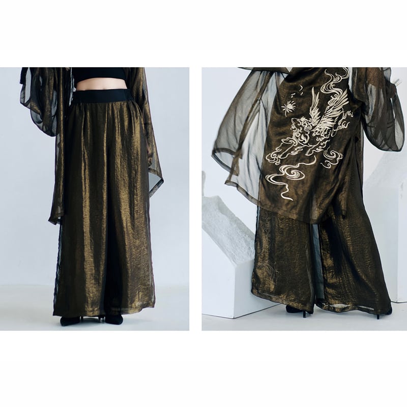 [Kyodo Series]★China style trousers★ Gaucho pants, dragon embroidery, unisex, couple clothes, men's wide pants, tulle, elastic waist