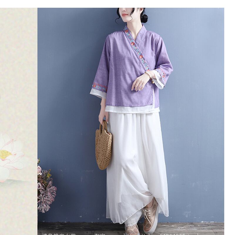 [Qing Series]★China style shirt★ Tops 5 colors White Pink Blue Purple Blue Green V-neck Embroidery Three-quarter sleeves