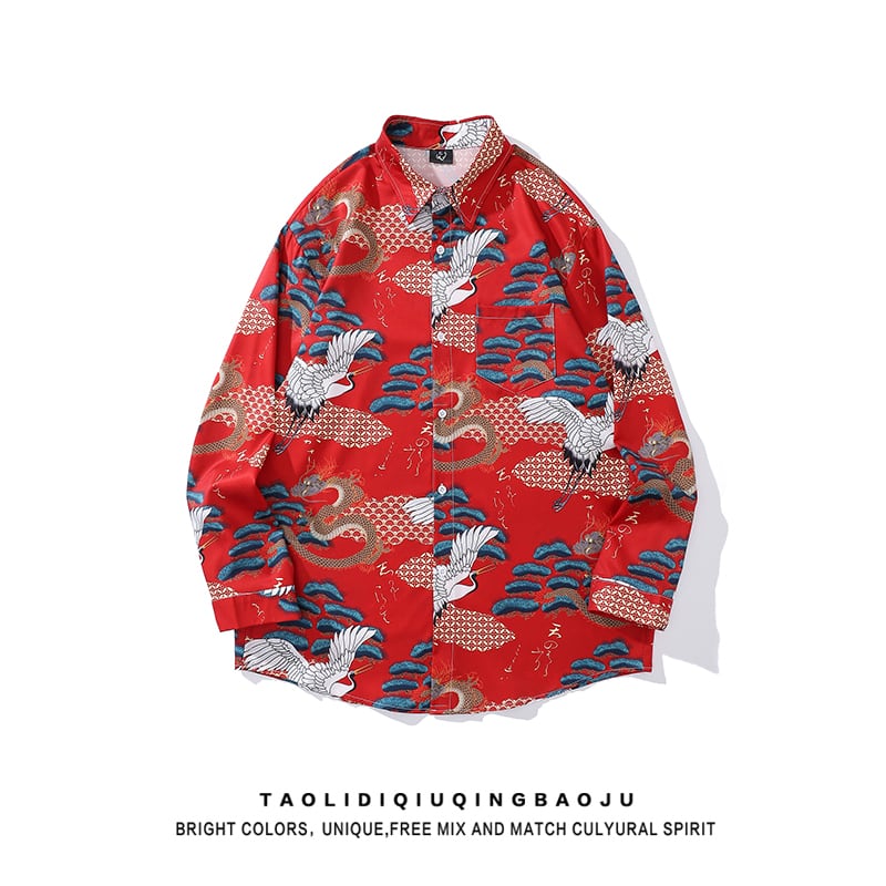 [Escaped Earth Series] ★China style shirt★ Long sleeve shirt tops Crane Crane pattern Unisex Men's ML XL 2XL Red Red