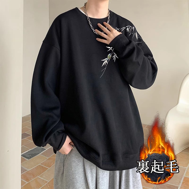 [KADISHOU Series]★China style tops★ 4color brushed lining long sleeve tops sweatshirt unisex men's large size bird and leaf pattern