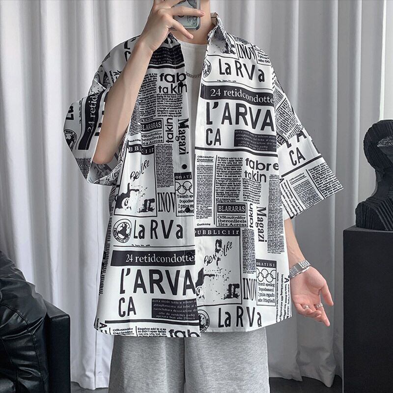 [QIONGXIANNU Series]★Shirt★ 2 colors, black or white, newspaper pattern tops, unisex, couple clothes, summer, Harajuku style, loose-fitting