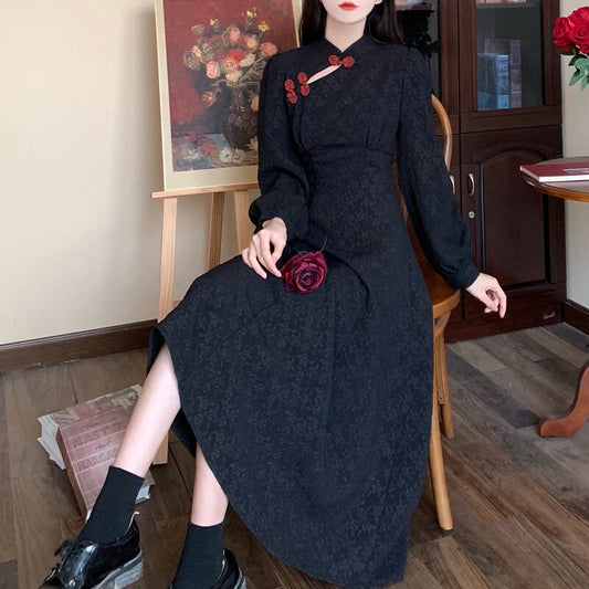 [Dong Xiaojie Series] ★Chinese style dress★ Large size Chinese dress Black Black improved cheongsam dress Long length Slim