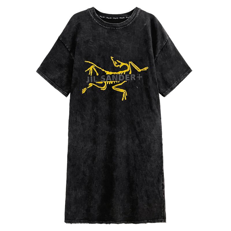 [YIDAO Series] ★T-shirt dress★ Print retro loose casual summer clothes black black