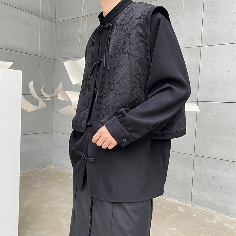 [Illustrated series] ★China style shirt★ Faux layered tops Unisex Men's Black Black