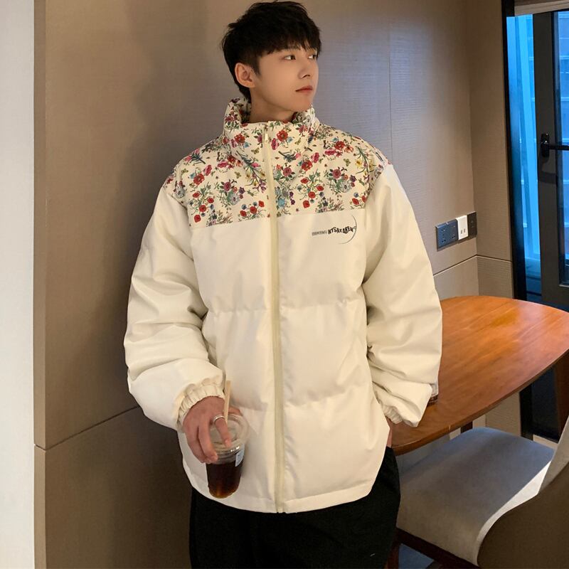 [High Series] ★Winter Coat★ 2color Thick Warm Unisex Men's Floral Pattern Outerwear Switching White Black