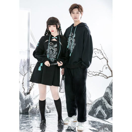 [Ochaya Series]★China style dress★ 2color black or white embroidery parka dress Chinese button cute