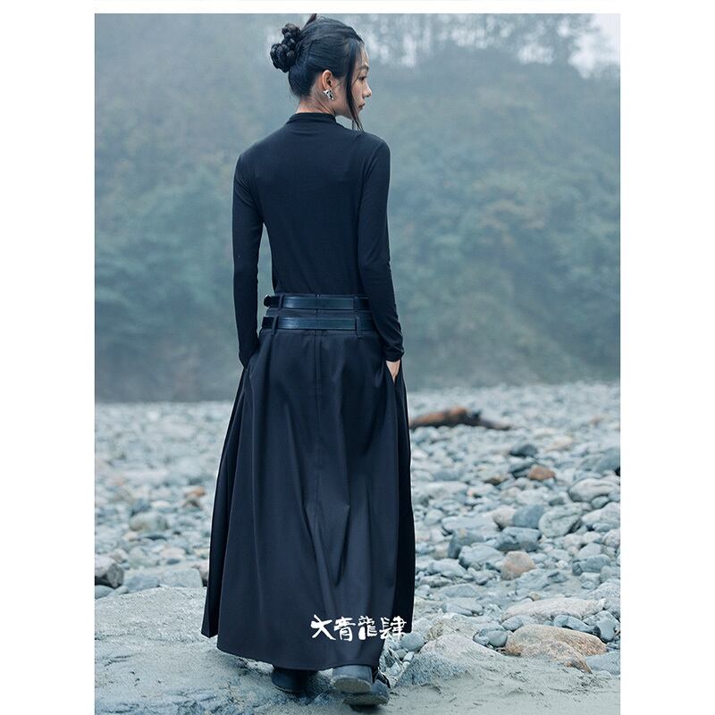 [Big Blue Dragon Series] ★China style skirt★ Bottoms with belt, black, high-looking, slimming, improving temperament